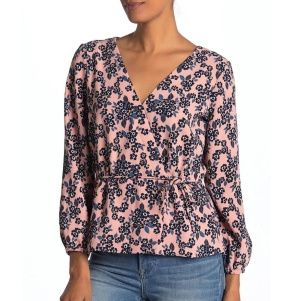 J. Crew Pink Floral Wrap Blouse with Navy Print